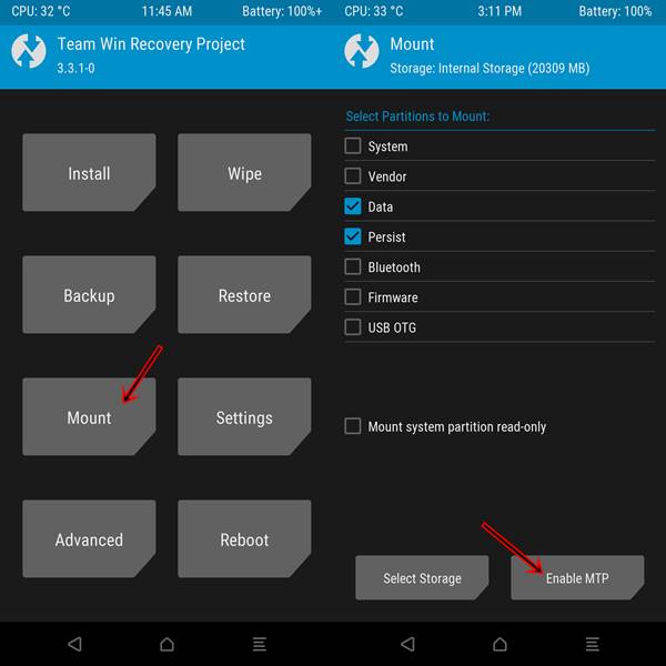 Install or Transfer file via TWRP- Enable MTP
