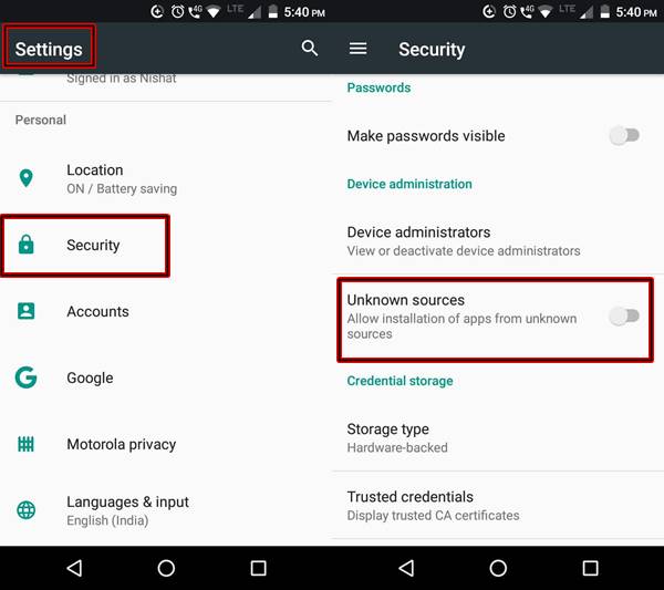 Secure Android Devices- Android 7- Unknown Sources
