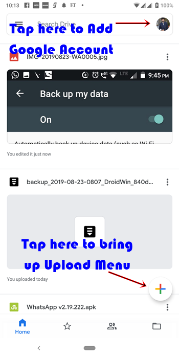 backup android device- Google Drive home page