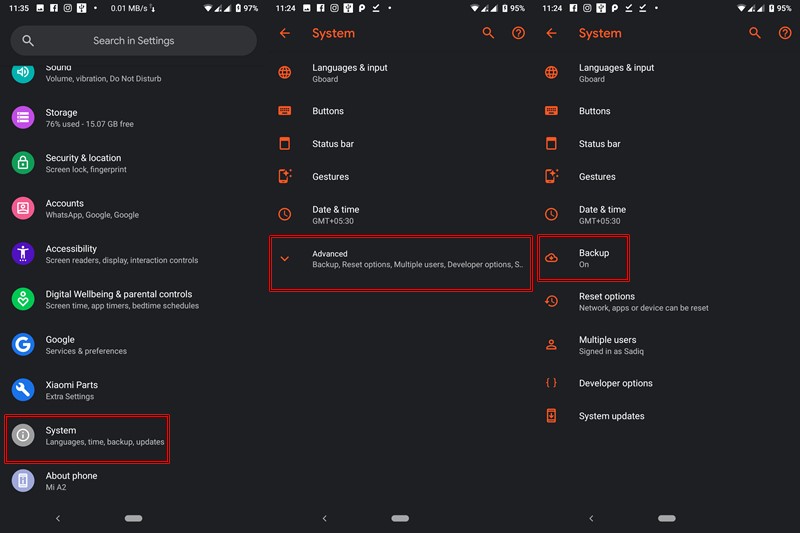 backup android device- setting menu