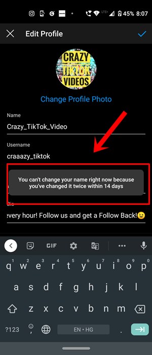 change instagram name twice within 14 days