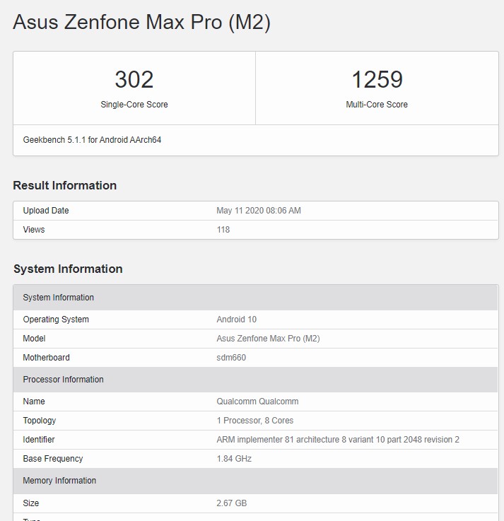 asus zenfone max pro m2 geekbench android 10