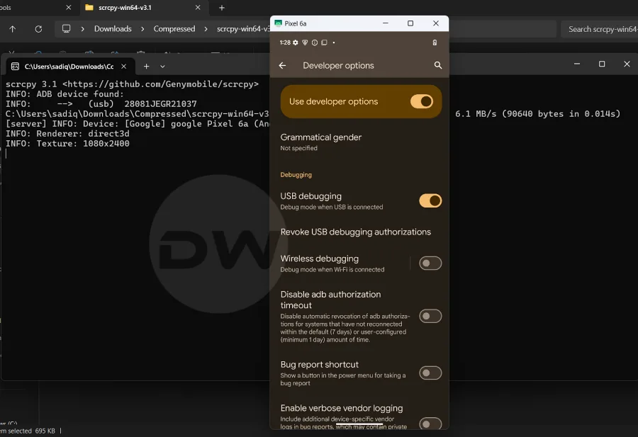 enable debugging broken android screen