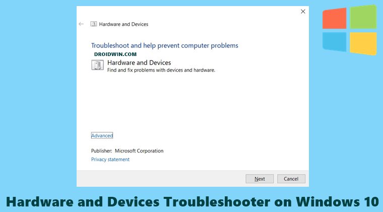Hardware and Devices Troubleshooter on Windows 10