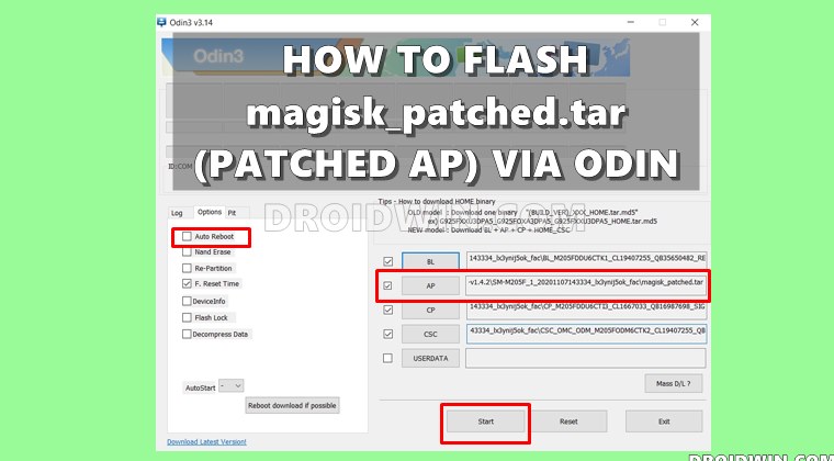 Flash magisk_patched.tar (patched Samsung AP file) using Odin