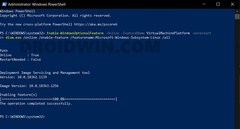 powershell command enable linux windows 10