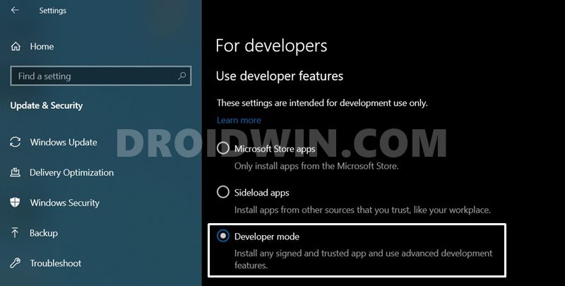 windows 10 developer mode selected