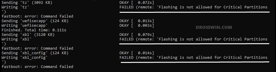 Failed (remote ‘flashing is not allowed for critical partitions)