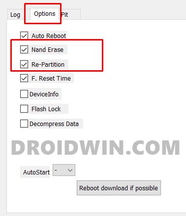 enable nand erase re partition odin