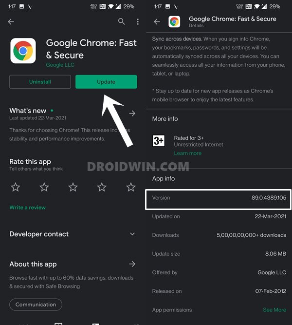 download update google chrome 89.0.4389.105 fix android app crashing
