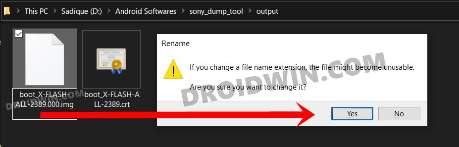change sony boot.sin to boot.img extension