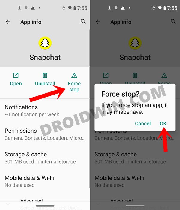 force stop snapchat enable dark mode
