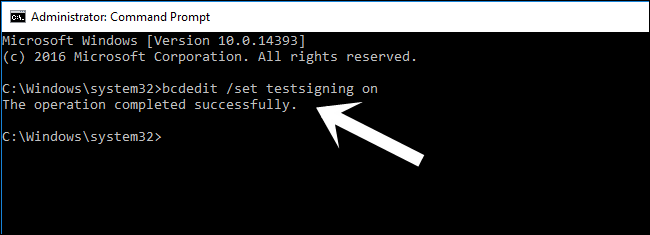 bcdedit set testsigning on command windows 10