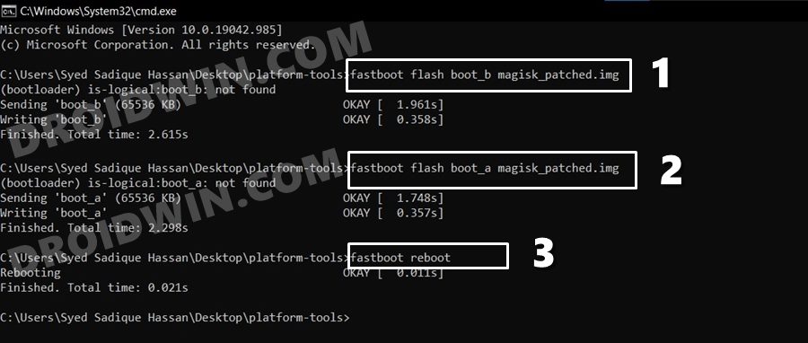 flash magisk patched boot.img to both slots root android
