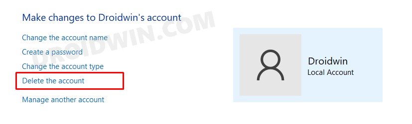 delete local account control panel windows 11
