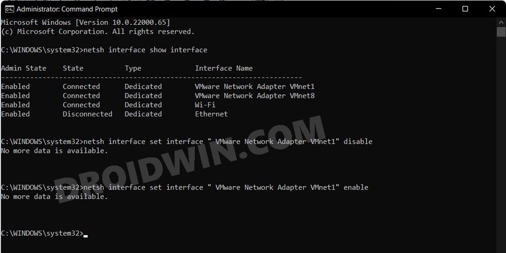 disable enable network adapter windows 11 via command prompt