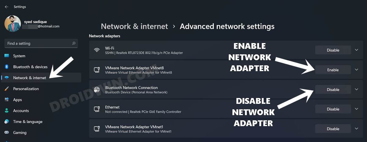 disable enable network adapter windows 11 via settings
