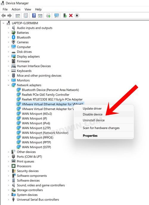 disable network adapter windows 11 via device manager