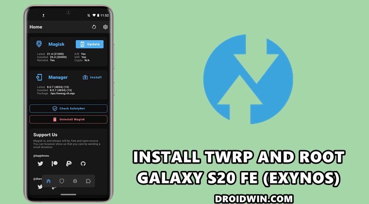install twrp and root samsung galaxy s20 fe exynos via magisk