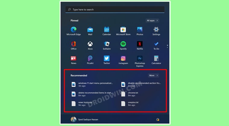 how to remove recommended section from windows 11 start menu