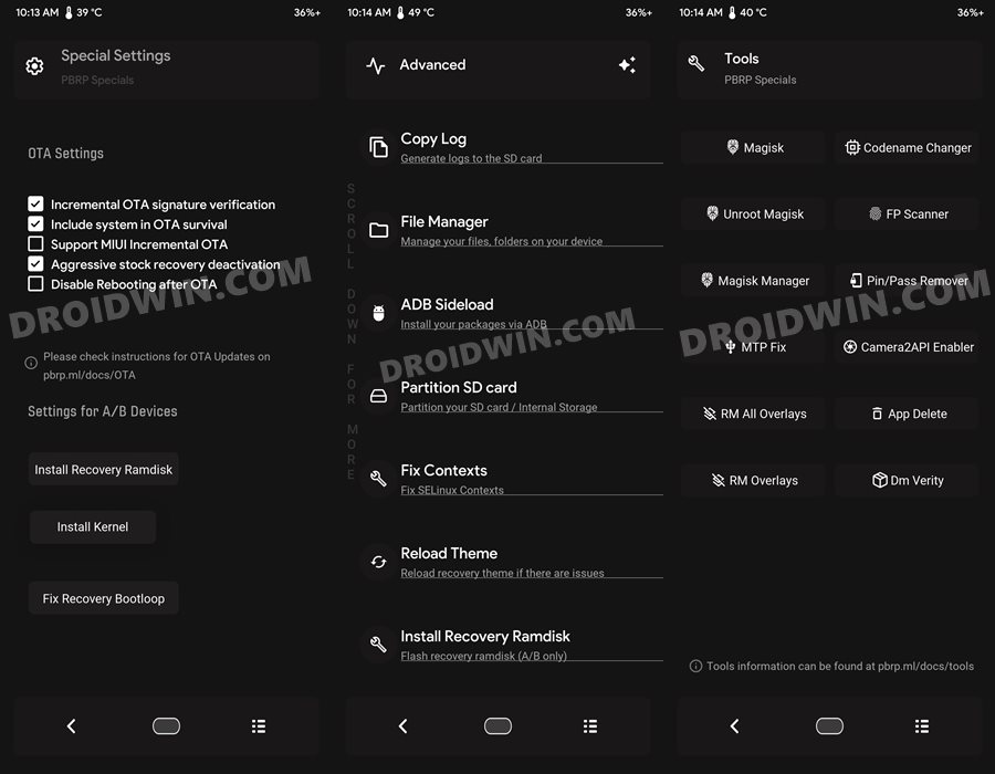 pitchblack recovery android settings
