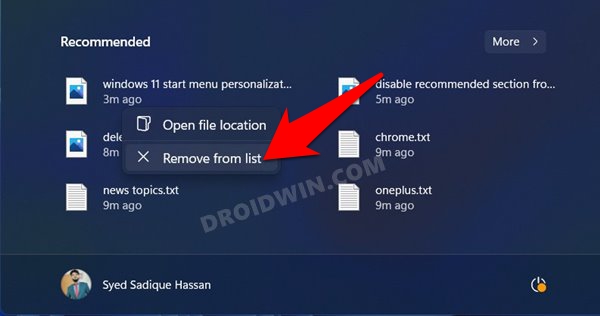 remove items from recommended section in windows 11 start menu