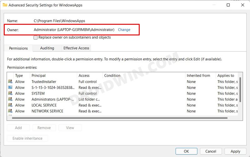 change ownership from trustedinstaller to admin windowsapps folder