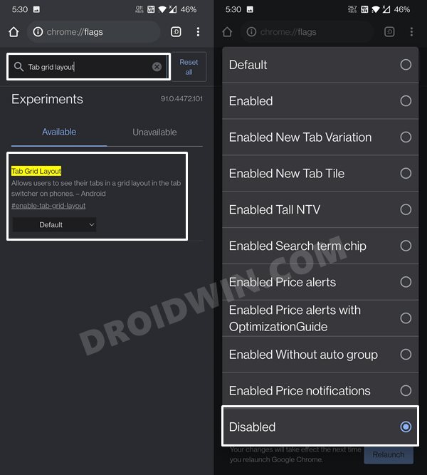 how to disable tab group in chrome android