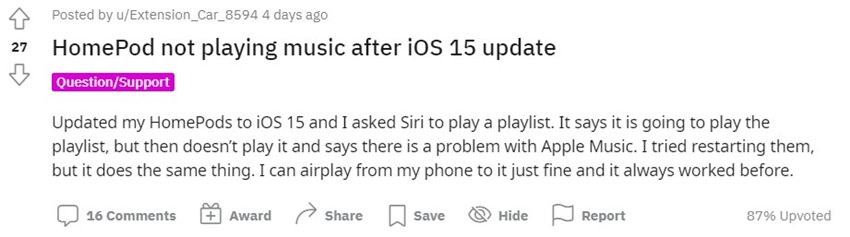 homepod not playing music after ios 15 update