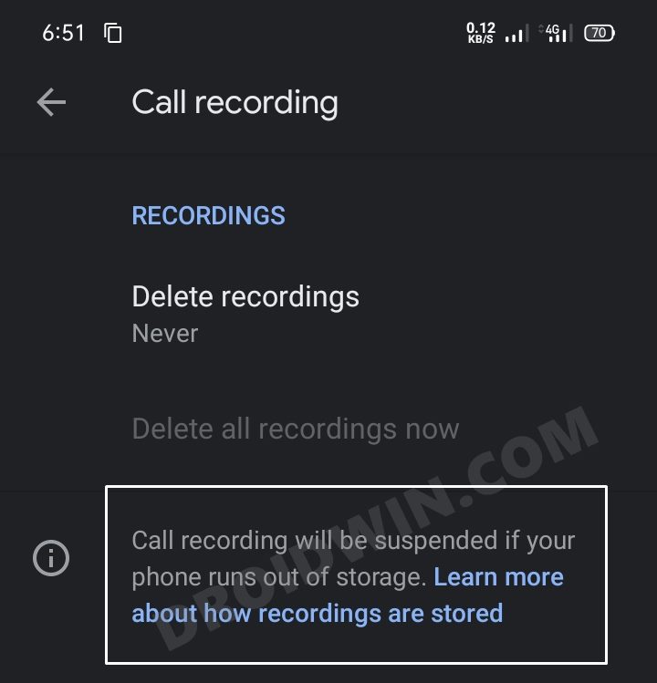 Call recording will be suspended if your phone runs out of storage