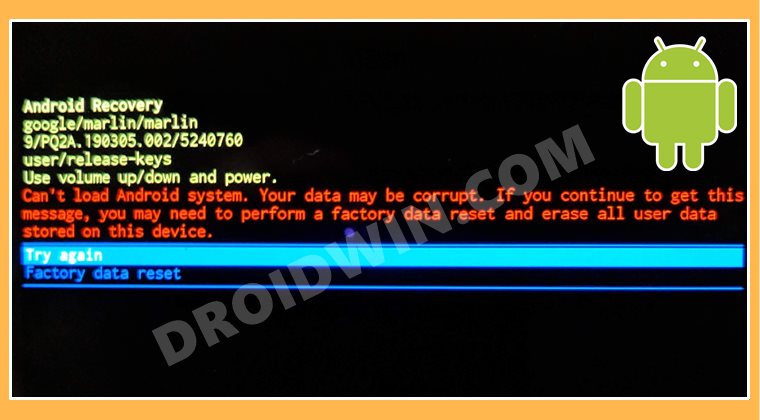 Can't load Android System Your data may be corrupt