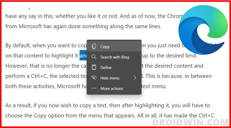 Disable Context Menu when selecting texts in Microsoft Edge