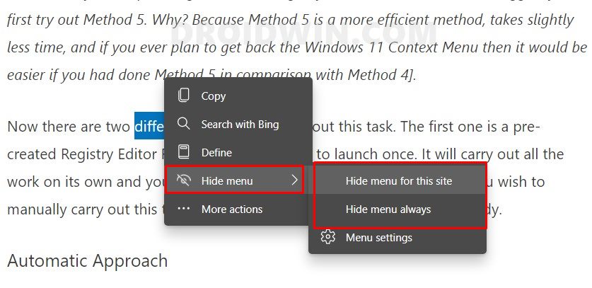 Disable Context Menu while selecting texts in Microsoft Edge