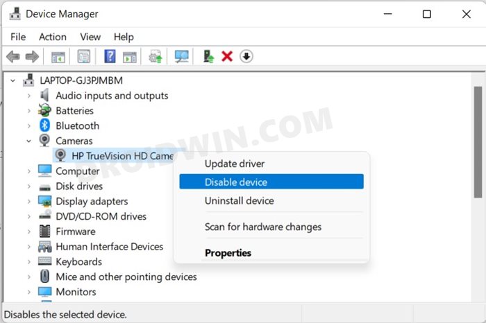 Fix camera Not Working in Windows 11 disable camera