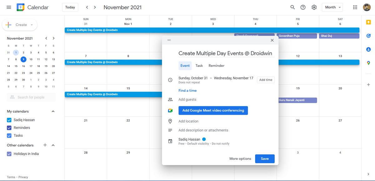 Click Hold Drag to create multiple day events in Google Calendar not working