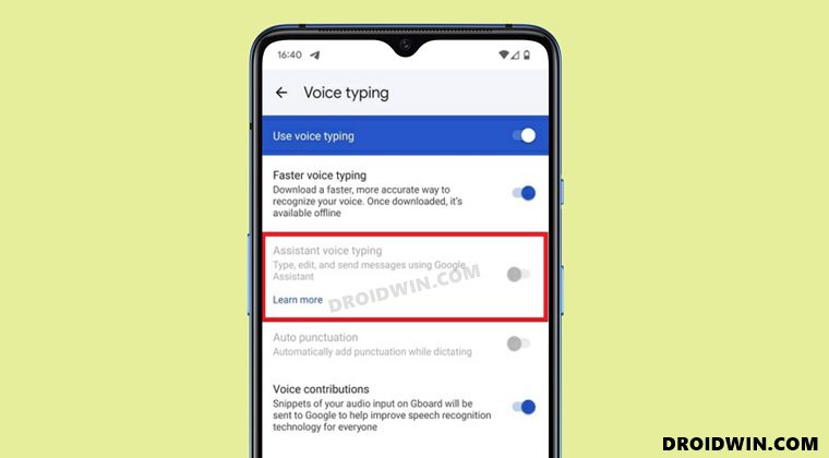 Google Assistant Voice Typing option greyed out in Gboard