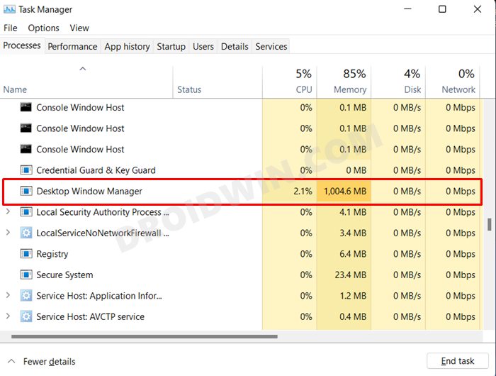 Desktop Window Manager dwm.exe Consumes High CPU