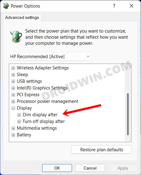 dim display after power option windows 11