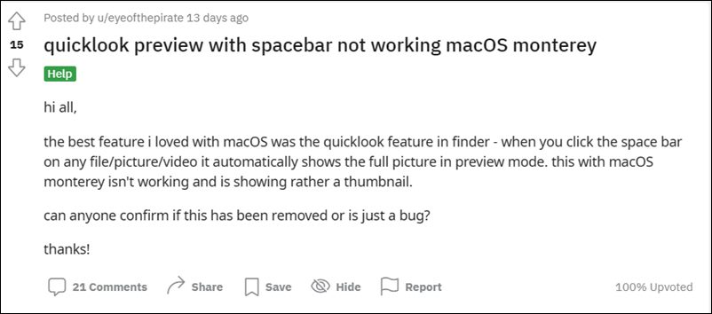 Quick Look Preview not working in macOS Monterey