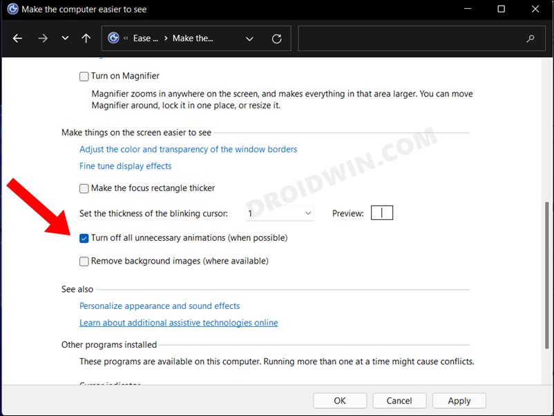 disable animations in windows 11