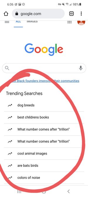 turn off trending searches from google home page in android chrome app