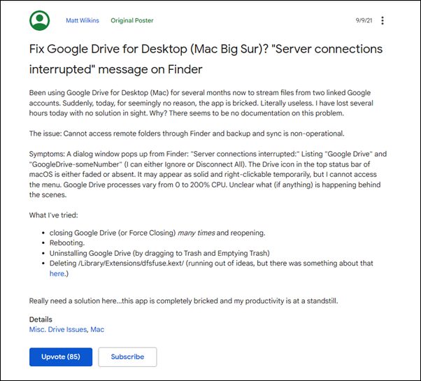 Fix Google Drive Server connections interrupted error on Finder Mac