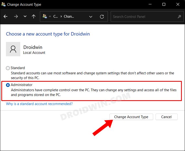 convert Standard account to Administrator account in windows 11