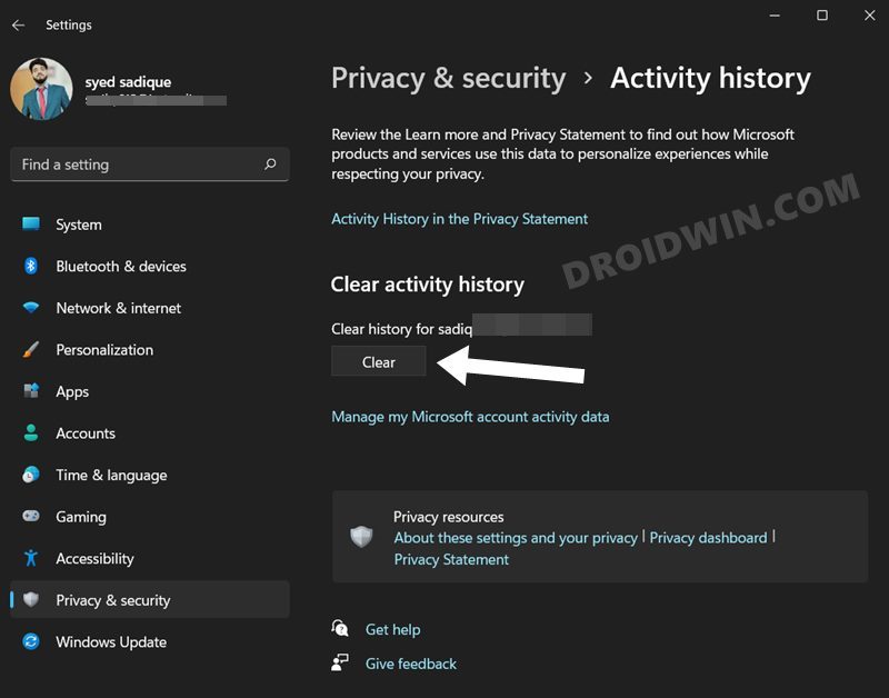 Delete Activity History in Windows 11