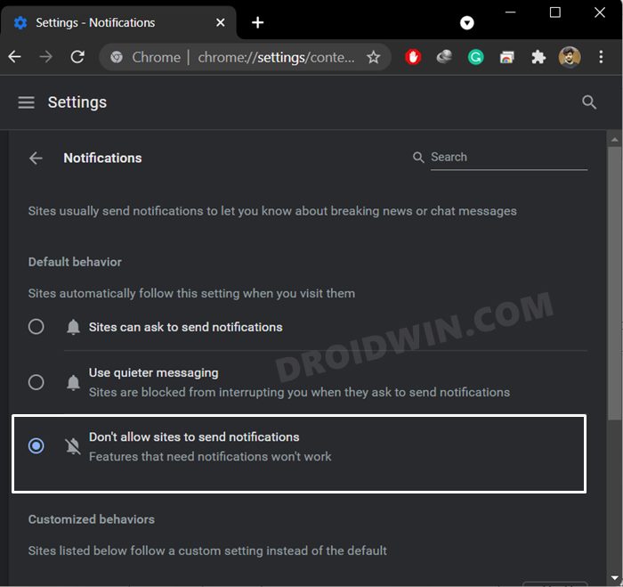 turn off notifications in chrome windows 11