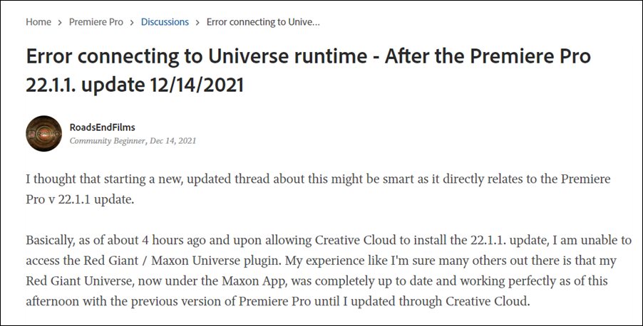 Error Connecting to Universe Runtime in Adobe Premiere Pro