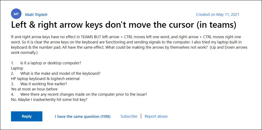 Microsoft Teams Left and Right Arrow Keys Not Working