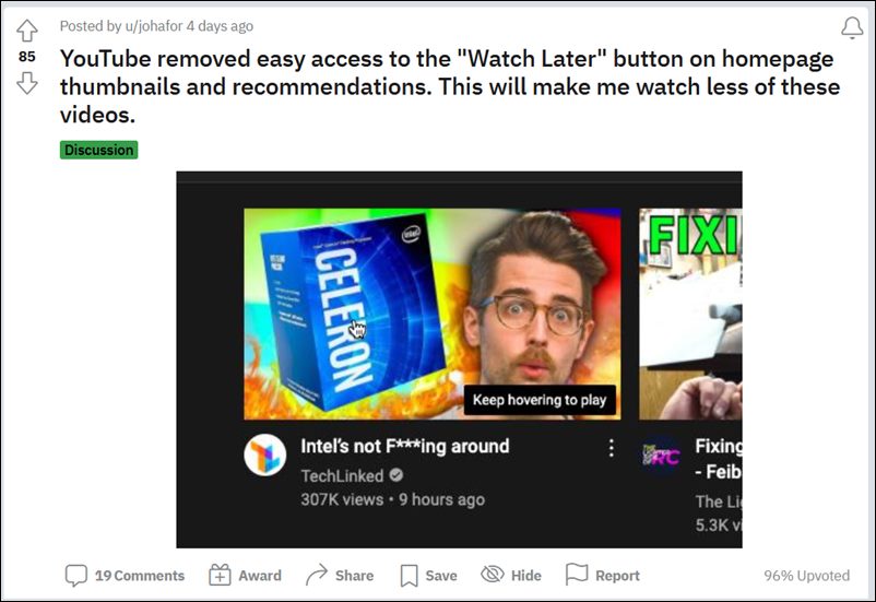 Watch Later button on YouTube Homepage Video Thumbnails