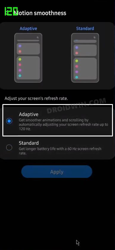 Enable 120Hz Refresh Rate in Power Saving Mode Samsung one ui 4
