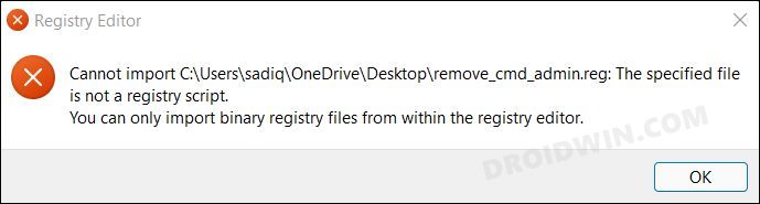cannot import the specified file is not a registry script